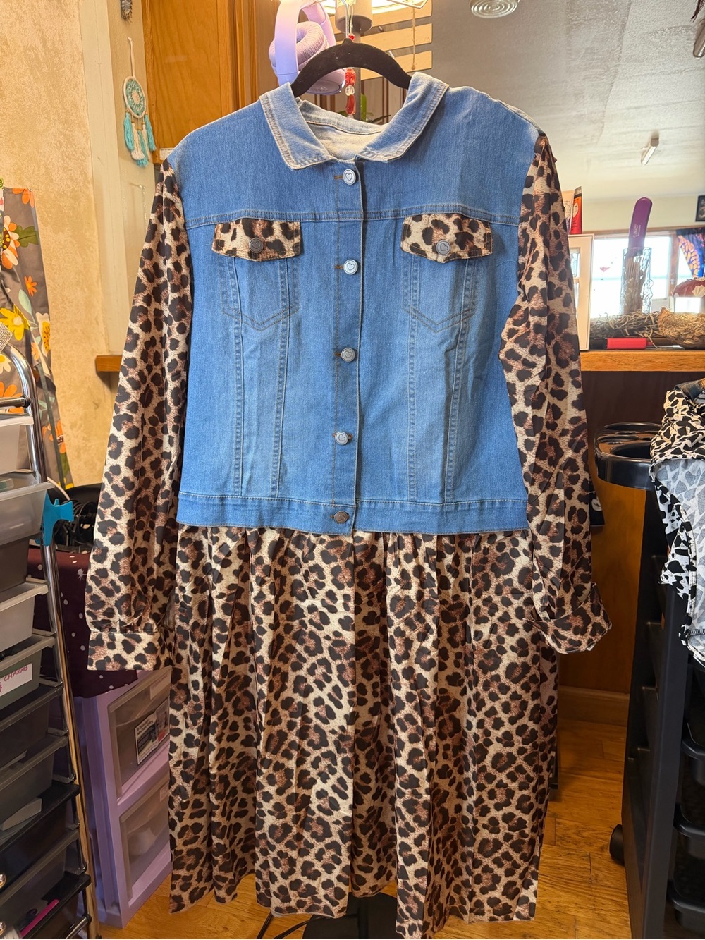 Denim Jacket & Leopard Print women’s pull over dress jacket not real denim